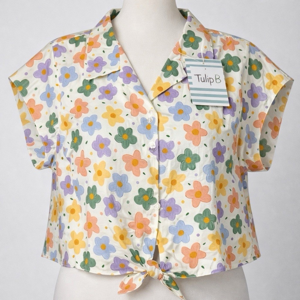 Tulip B Floral Crop Top Womens Large Tie Front Button Camp Collar Retro Daisy